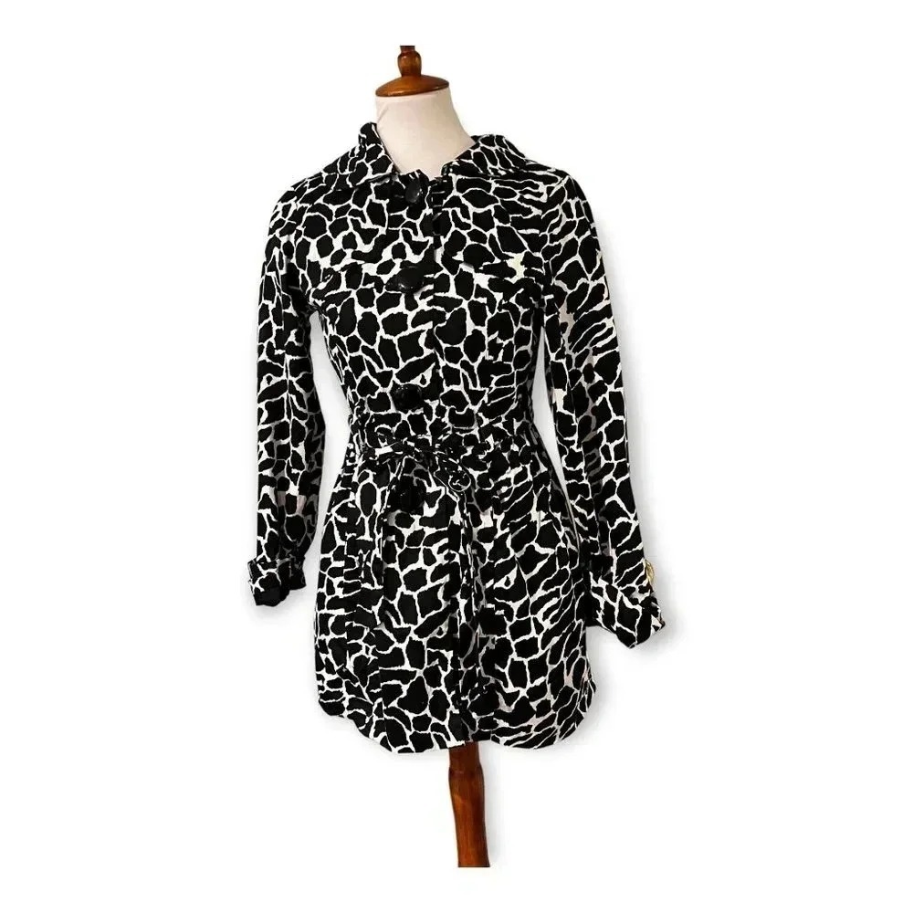 Luii‎ Anthropologie Womens Black Animal Print Belted Trench Coat Sz S Chic Bold